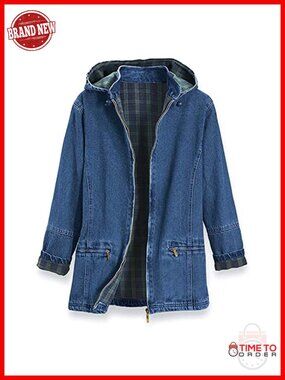 Women's Flannel Lined Denim Jacket with Detachable Hood, Zip Front, Side